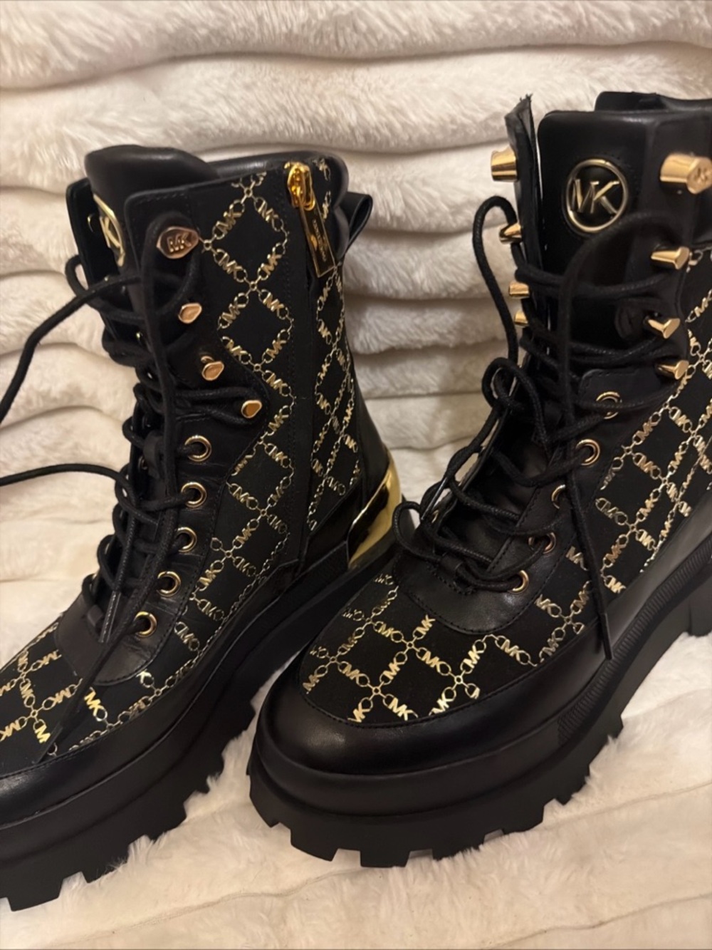 Michael Kors Black and Gold Logo Lace-Up Combat Boots - Picture 8 of 10